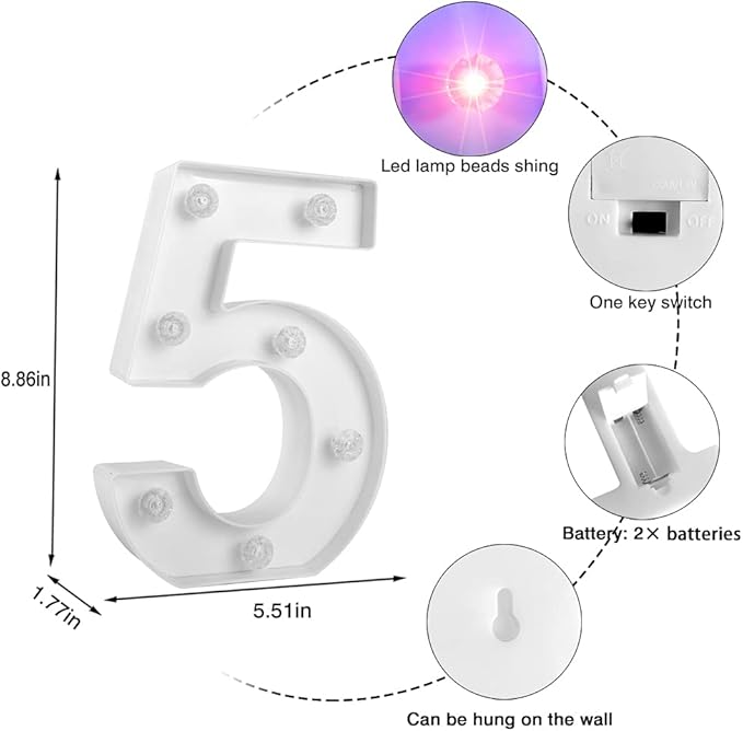 Glintee Decorative Led Light Up Number, Light Up Number Sign for Night Light Wedding Birthday Party Christmas Home Bar Decoration Number-(Number 5) - LeafyLoom