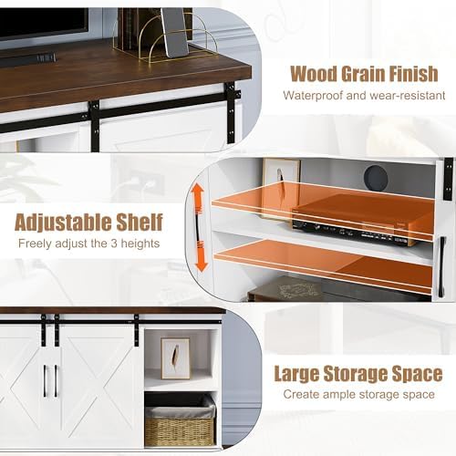IDEALHOUSE Farmhouse TV Stand for 65 Inch TV, Entertainment Center with Storage and Sliding Barn Doors, Modern Media TV Console TV Stands for Living Room Bedroom (White) - LeafyLoom