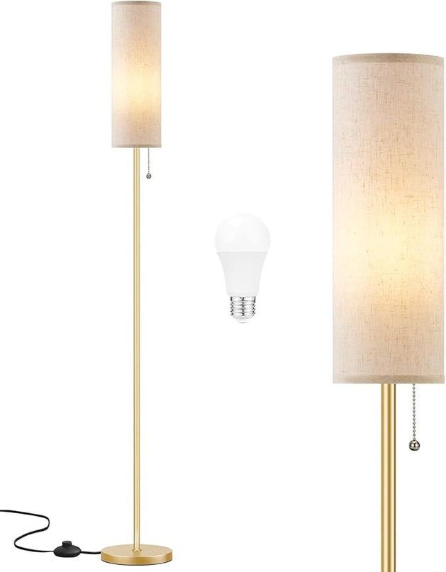 Ambimall Floor Lamp for Living Room with 3 Color Temperatures Bulb, 64" Standing lamp with Linen lampshade for Bedroom, Minimalist Pole Lamp, Beige Shade & Gold Pole - LeafyLoom