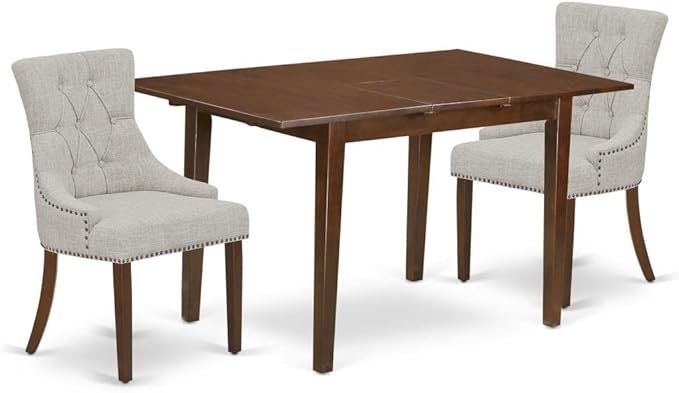 East West Furniture Picasso 3 Piece Set Contains a Rectangle Dining Room Table with Butterfly Leaf and 2 Doeskin Linen Fabric Upholstered Chairs, 32x60 Inch, Mahogany - LeafyLoom