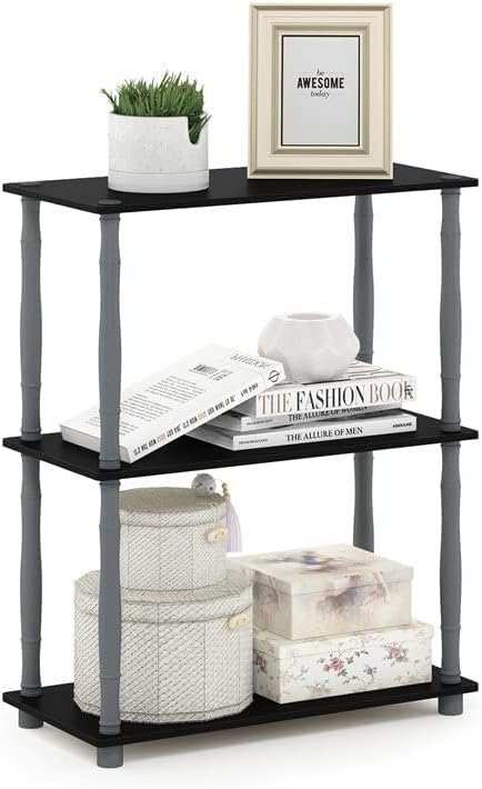Furinno Turn-N-Tube 3-Tier Compact Multipurpose Shelf Display Rack with Classic Tube, Black/Grey - LeafyLoom