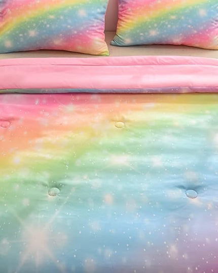 NINENINE Pink Rainbow Bedding Set Girls Bedding Set King for Girls Boys Women Soft Microfiber Stars Glitter Bedding Comforter Set -includes 1 Comforter with Matching Pillowcases…… - LeafyLoom