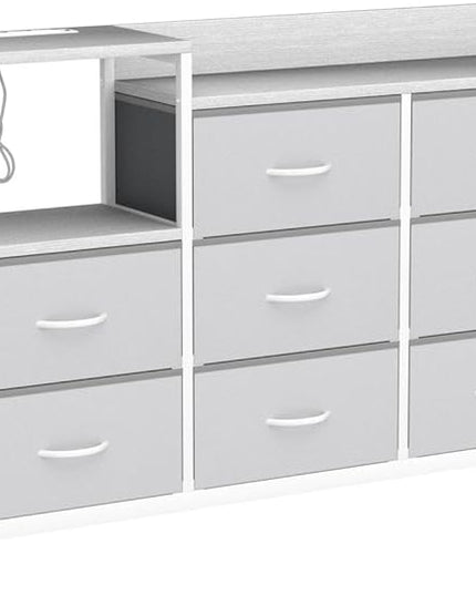 ODK Dresser with Charging Station, 52-Inch Long Dresser TV Stand for Bedroom, Large Dresser with 8 Storage Drawers, Chest of Drawers Easy-Pull Fabric Dressers for Living Room, White and Light Grey - LeafyLoom