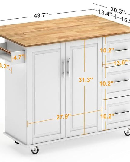 soges Mobile Kitchen Island with Storage and Drop Leaf on Wheels, Rolling Kitchen Island Table Cart with 3 Drawers and Large Storage Cabinets, Spacious Desktop, Adjustable Shelves, White - LeafyLoom