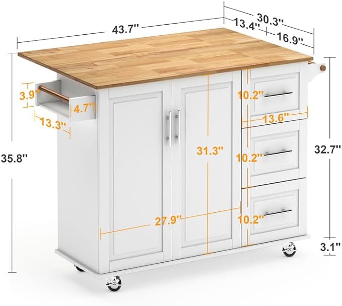 soges Mobile Kitchen Island with Storage and Drop Leaf on Wheels, Rolling Kitchen Island Table Cart with 3 Drawers and Large Storage Cabinets, Spacious Desktop, Adjustable Shelves, White - LeafyLoom