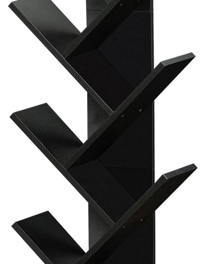 8 Tier Tree Bookshelf with Drawer, Free Standing Wood Bookcase for Living Room, Bedroom, Home Office, Space Saving Storage Organizer Bookshelves for Books, CDs, Vinyl Records- Black - LeafyLoom