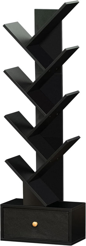 8 Tier Tree Bookshelf with Drawer, Free Standing Wood Bookcase for Living Room, Bedroom, Home Office, Space Saving Storage Organizer Bookshelves for Books, CDs, Vinyl Records- Black - LeafyLoom