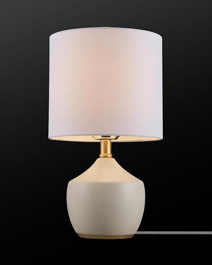 Globe Electric Novogratz x 61000042 Novogratz x Globe 16" Ceramic Table Lamp, Cream Finish, Concrete Textured Body, Brass Base, White Linen Shade, Brass Accents, On/Off Rotary Switch on Socket - LeafyLoom