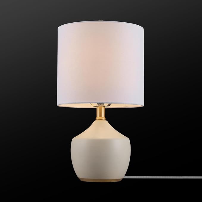 Globe Electric Novogratz x 61000042 Novogratz x Globe 16" Ceramic Table Lamp, Cream Finish, Concrete Textured Body, Brass Base, White Linen Shade, Brass Accents, On/Off Rotary Switch on Socket - LeafyLoom