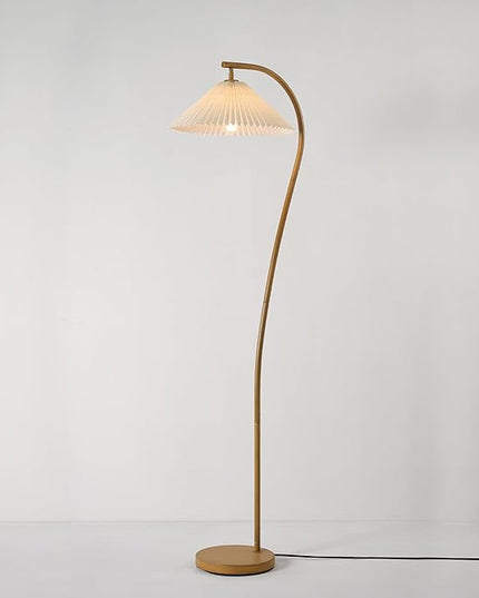 Globe Electric Novogratz x 61000043 Novogratz x Globe 62" Floor Lamp, Faux Wood Finish, White Pleated Fabric Shade, Pivot Joint on Shade, in -Line On/Off Foot Switch, Black Cord, Reading Lamp - LeafyLoom