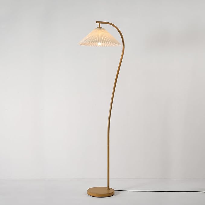Globe Electric Novogratz x 61000043 Novogratz x Globe 62" Floor Lamp, Faux Wood Finish, White Pleated Fabric Shade, Pivot Joint on Shade, in -Line On/Off Foot Switch, Black Cord, Reading Lamp - LeafyLoom