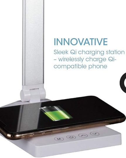 OttLite Entice LED Desk Lamp with Wireless Charging – Folds Down, Adjustable Arm & Shade, Touch Controls, 3 Color Temperatures, ClearSun LED, for Work, Study, Reading, Crafting - LeafyLoom