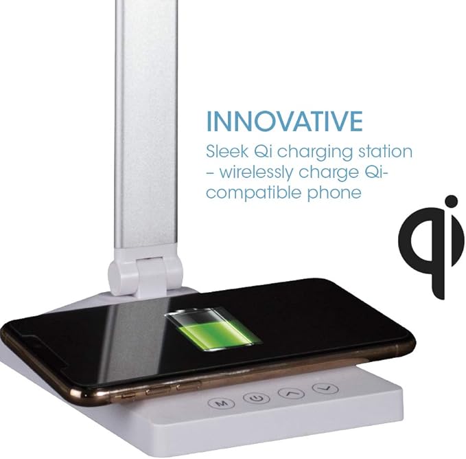 OttLite Entice LED Desk Lamp with Wireless Charging – Folds Down, Adjustable Arm & Shade, Touch Controls, 3 Color Temperatures, ClearSun LED, for Work, Study, Reading, Crafting - LeafyLoom
