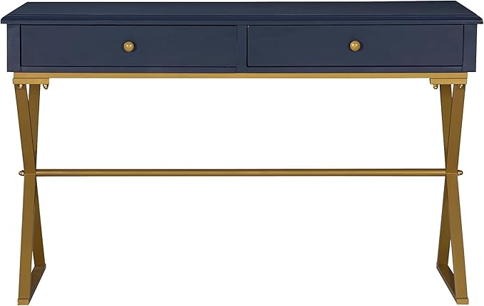 Linon Campaign Desk Navy with Gold Legs, Blue - LeafyLoom