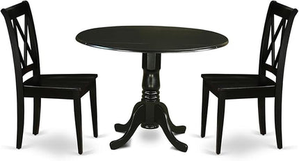 East West Furniture DLCL3-BLK-W Dublin 3 Piece Kitchen Set for Small Spaces Contains a Round Dining Room Table with Dropleaf and 2 Solid Wood Seat Chairs, 42x42 Inch - LeafyLoom
