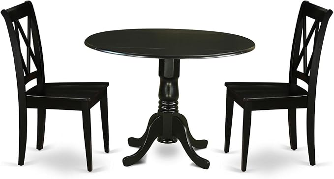 East West Furniture DLCL3-BLK-W Dublin 3 Piece Kitchen Set for Small Spaces Contains a Round Dining Room Table with Dropleaf and 2 Solid Wood Seat Chairs, 42x42 Inch - LeafyLoom