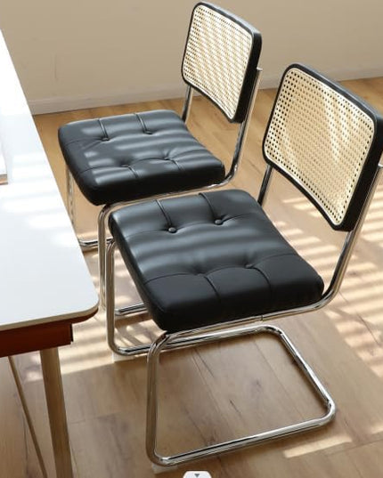Dining Chairs Set of 2, Faux Leather Rattan Side Accent Chairs with Chrome Legs, Modern Mid Century Designed Chairs for Dining,Living Room,Kitchen Chairs (Leather Black) - LeafyLoom