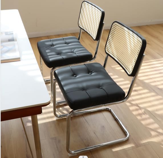 Dining Chairs Set of 2, Faux Leather Rattan Side Accent Chairs with Chrome Legs, Modern Mid Century Designed Chairs for Dining,Living Room,Kitchen Chairs (Leather Black) - LeafyLoom