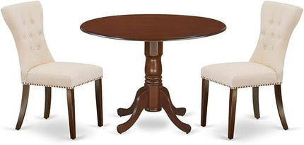 East West Furniture Dublin 3 Piece Modern Set Contains a Round Wooden Table with Dropleaf and 2 Light Beige Linen Fabric Parsons Dining Chairs, 42x42 Inch, DLGA3-MAH-32 - LeafyLoom
