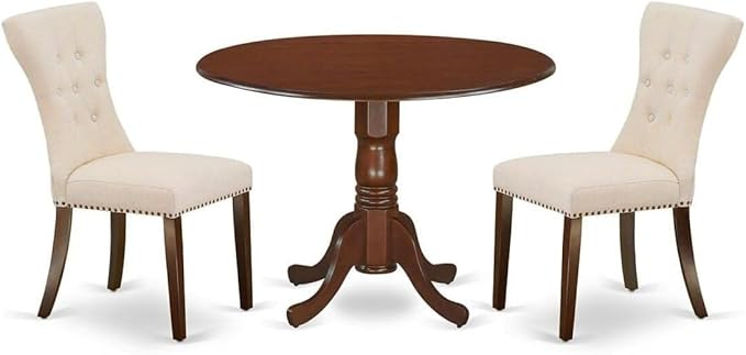 East West Furniture Dublin 3 Piece Modern Set Contains a Round Wooden Table with Dropleaf and 2 Light Beige Linen Fabric Parsons Dining Chairs, 42x42 Inch, DLGA3-MAH-32 - LeafyLoom