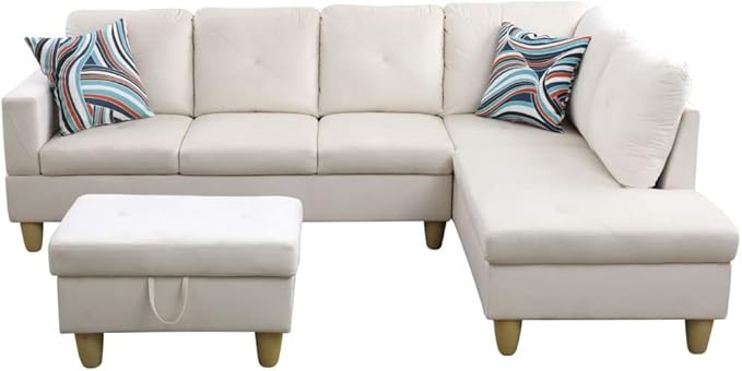 3-Piece L-Shaped Sectional Sofa Set w/Left Chaise and Storage Ottoman-Button Tufted,97" Upholstered Couch for Living Room, Home, Office, 97inch, White-1 - LeafyLoom
