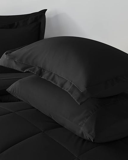 CozyLux Queen Comforter Set with Sheets 7 Pieces Bed in a Bag Black All Season Bedding Sets with Comforter, Pillow Shams, Flat Sheet, Fitted Sheet and Pillowcases - LeafyLoom