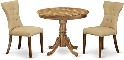 East West Furniture ANGA3-ANA-03 3 Piece Dining Set for Small Spaces Contains a Round Kitchen Table with Pedestal and 2 Brown Linen Fabric Parsons Chairs, Natural - LeafyLoom