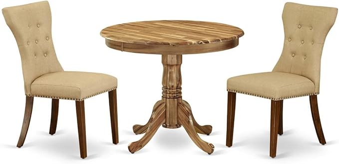 East West Furniture ANGA3-ANA-03 3 Piece Dining Set for Small Spaces Contains a Round Kitchen Table with Pedestal and 2 Brown Linen Fabric Parsons Chairs, Natural - LeafyLoom
