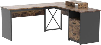 Bestier Lift Top L Shaped Desk with File Drawer, 55'' x 55'' Office Desk with Reversible Storage Drawers, L Shaped Standing Desk with Computer Monitor Stand - LeafyLoom