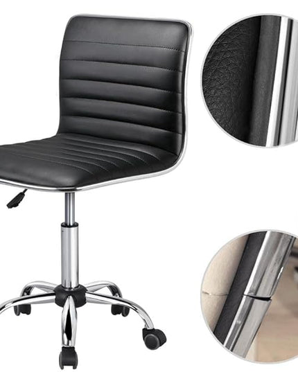 Yaheetech Adjustable Task Chair PU Leather Low Back Ribbed Armless Swivel Black Desk Chair Office Chair Wheels, Black - LeafyLoom