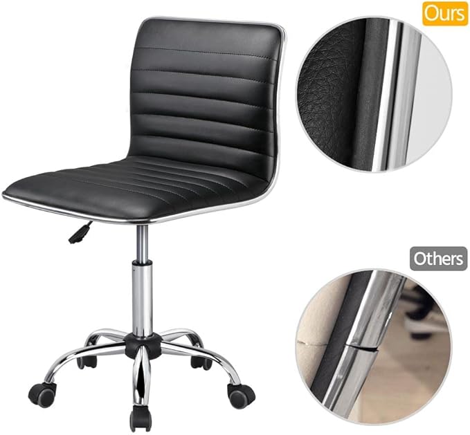 Yaheetech Adjustable Task Chair PU Leather Low Back Ribbed Armless Swivel Black Desk Chair Office Chair Wheels, Black - LeafyLoom