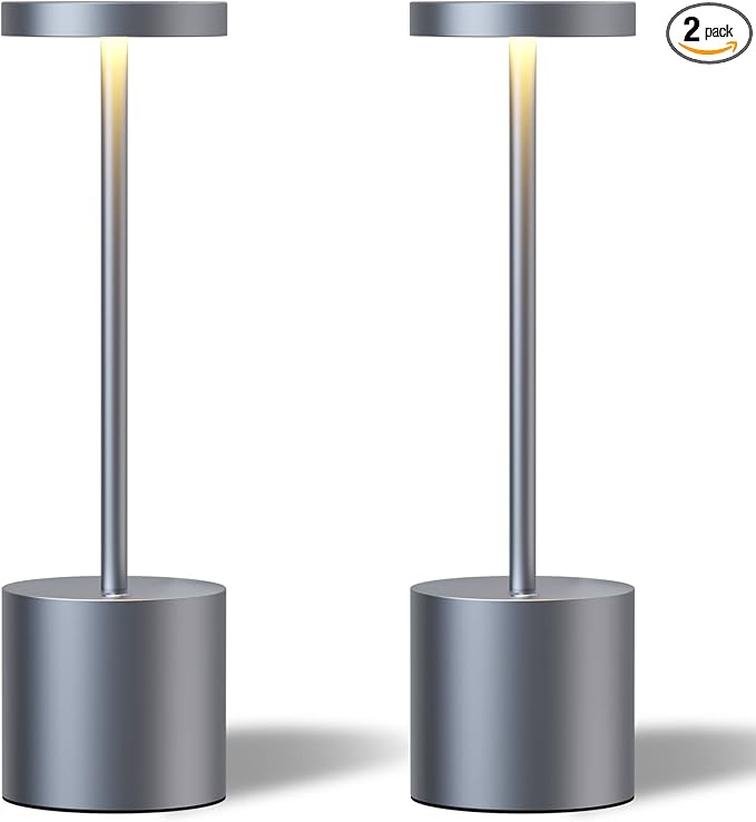 2 Pack Cordless Table Lamps, 5000mAh Rechargeable Battery Powered Lamp, Portable Metal 3-Level Dimmable Desk Lamp,LED Table Light for Outdoor/Cafe/Restaurant/Camping/Home. (Iron Grey) - LeafyLoom