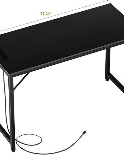 47 Inch Computer Desk with Magic Power Outlets and USB Charging Ports, Modern Home Office Desks, Sturdy Simple Writing Table, Laptop PC Gaming Desk for Bedroom Workstation, Black, 2 Pack - LeafyLoom