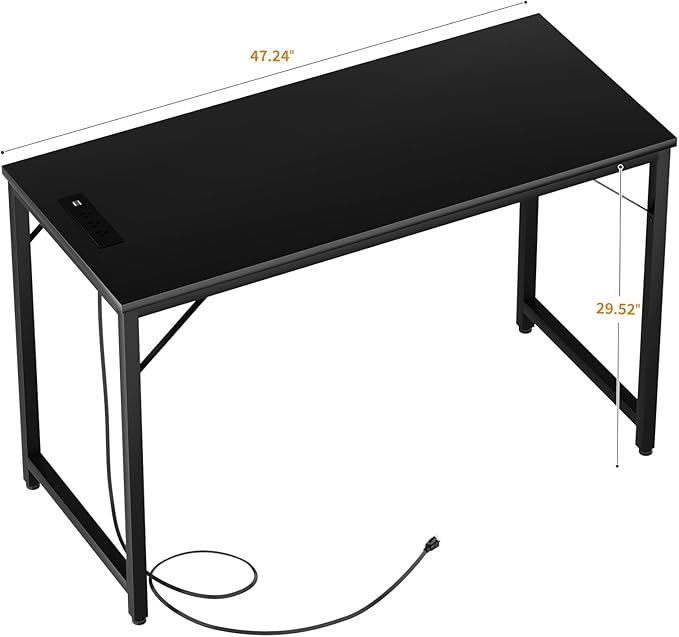 47 Inch Computer Desk with Magic Power Outlets and USB Charging Ports, Modern Home Office Desks, Sturdy Simple Writing Table, Laptop PC Gaming Desk for Bedroom Workstation, Black, 2 Pack - LeafyLoom