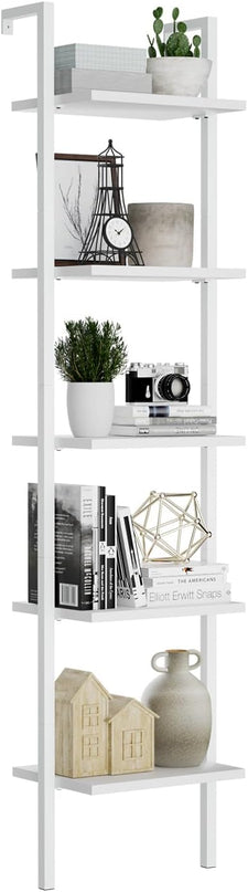 NUMENN Industrial Ladder Shelf, 5 Tier Book Shelf, Open Space Wall Mount Bookshelf with Metal Frame, Sturdy Book Shelves, Bookcase for Living Room, Home Office, White - LeafyLoom