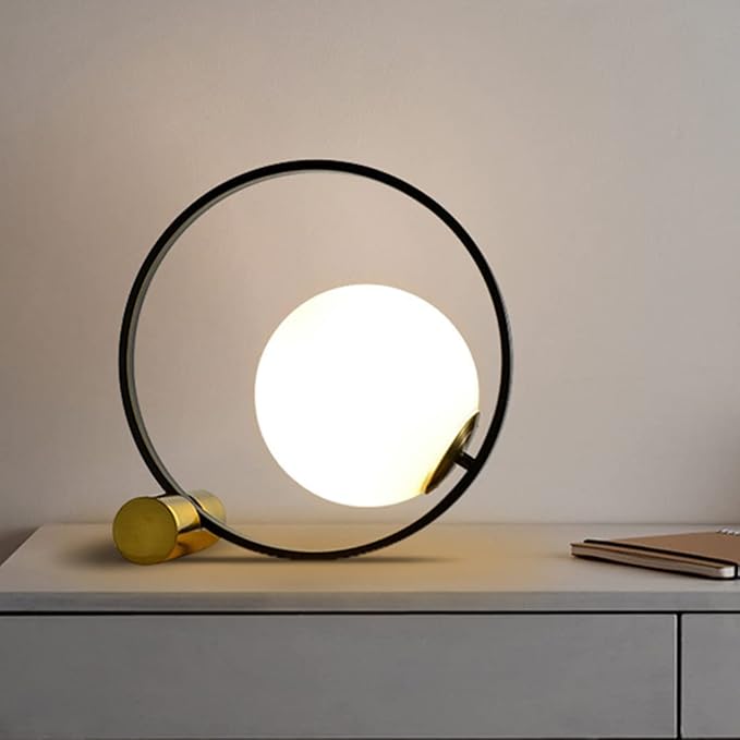 Glass Desk Table Lamp Gold Mid Century Modern Desk Lamp Reading Lamp Handblown Glass Orb Shade Plug in Nightstand Lamp Desk Lamp for Bedroom Office Library Study Room - LeafyLoom