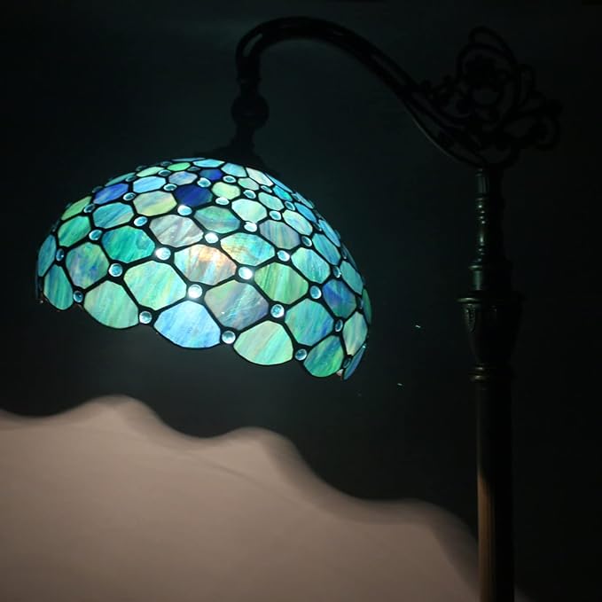 Tiffany Floor Lamp Stained Glass Lamp 18X12X67 Inch Angle Adjustable Arched Gooseneck Antique Reading Light (Sea Blue Pearl) - LeafyLoom