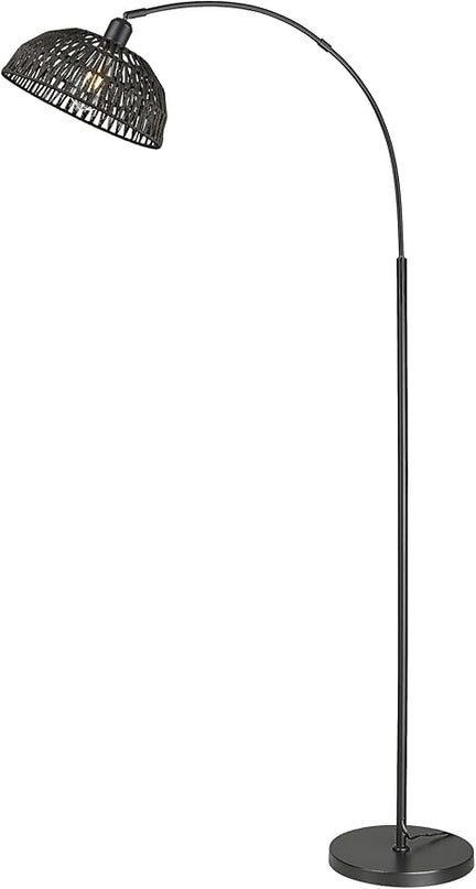 Rattan Floor Lamp, Retro Boho Arc Standing Lamp with Remote Control and Dimmable Bulb Farmhouse Bamboo Lamp Shade Floor Light Industrial Tall Lamp (Black) - LeafyLoom