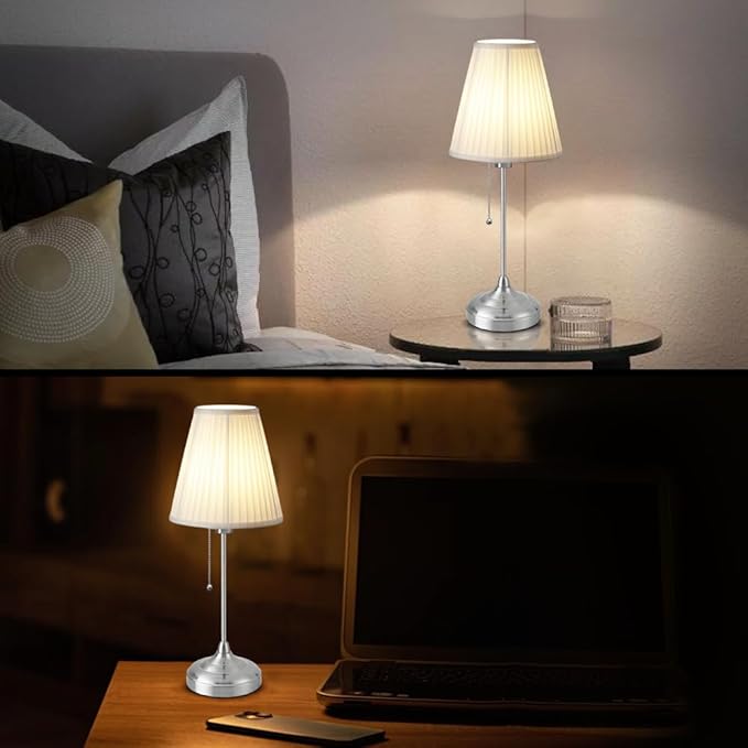 LED Metal Table Lamp,Fabric Shade Desk Lamp,3 Color Bedside Lamp,Built-in bulb,Night Light for Kids Nursery,Dining Room Lamp - LeafyLoom