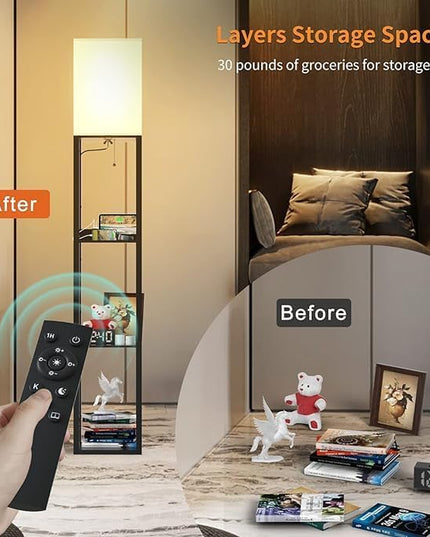 PAZZO Floor lamp with Shelves, Shelf Floor Lamp with Remote Control, Solid Wood with 2 Charging Ports and 1 Power Outlet, 4 Color Temperatures with Intelligence Bulb, Lamps for Livingroom, Bedroom - LeafyLoom