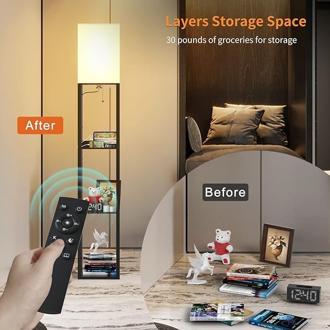 PAZZO Floor lamp with Shelves, Shelf Floor Lamp with Remote Control, Solid Wood with 2 Charging Ports and 1 Power Outlet, 4 Color Temperatures with Intelligence Bulb, Lamps for Livingroom, Bedroom - LeafyLoom
