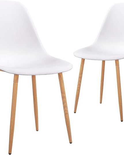CangLong Plastic White Dining Chairs 2 Sets with Wooden Grain Metal Legs for Dining&Living Room - LeafyLoom