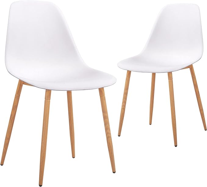 CangLong Plastic White Dining Chairs 2 Sets with Wooden Grain Metal Legs for Dining&Living Room - LeafyLoom