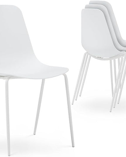 COLAMY Stackable Dining Chairs Set of 4, Indoor Outdoor Dining Room Side Chairs with Metal Legs, Modern Plastic Patio Chairs for Home/Kitchen/Office/Resturant/Bistro/Cafe, White - LeafyLoom