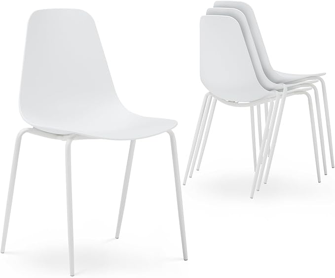 COLAMY Stackable Dining Chairs Set of 4, Indoor Outdoor Dining Room Side Chairs with Metal Legs, Modern Plastic Patio Chairs for Home/Kitchen/Office/Resturant/Bistro/Cafe, White - LeafyLoom