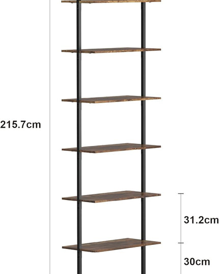 Panana 6 Tier Tall Modern Bookshelf, Industrial Ladder Shelf Open Space Wall Mount Bookshelf with Metal Frame Sturdy Bookcase for Living Room (Brown, 6-Tier) - LeafyLoom