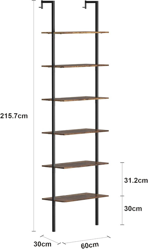 Panana 6 Tier Tall Modern Bookshelf, Industrial Ladder Shelf Open Space Wall Mount Bookshelf with Metal Frame Sturdy Bookcase for Living Room (Brown, 6-Tier) - LeafyLoom