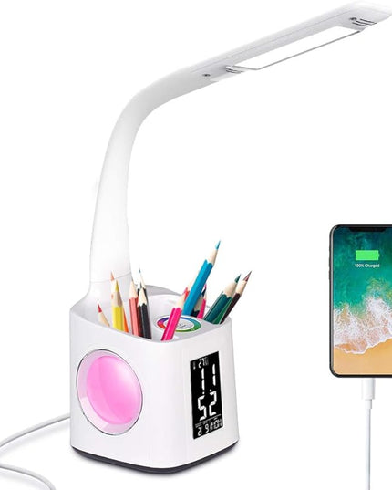 Donewin LED Desk Lamp with USB Charging Port&Pen Holder, Study Light with Clock, Kawaii Desk Accessories, Study Lamp for Kids/Girls/Boys,Desk Light for Office/Reading, Colorful Night Light,10W - LeafyLoom