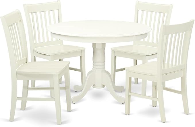 East West Furniture HLNO5-LWH-W 5 Piece Dining Table Set for 4 Includes a Round Kitchen Table with Pedestal and 4 Dinette Chairs, 42x42 Inch, Linen White - LeafyLoom
