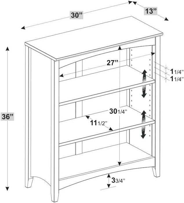 Shaker Style 3 Shelf Bookcase / Solid Wood / 36" High / Adjustable Shelving / Closed Back / Display Bookshelf for Living Room, Bedroom, Home and Office, White - LeafyLoom